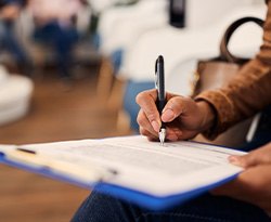 Patient filling out forms on clipboard in lobby