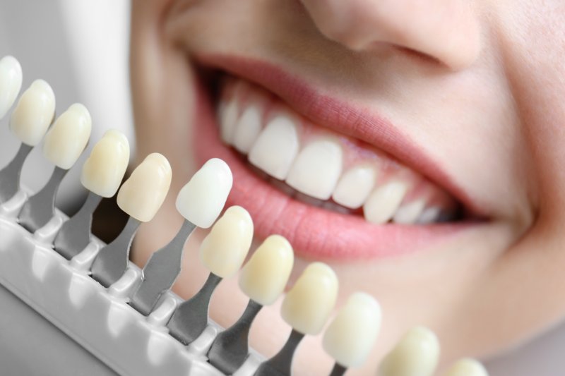 Cosmetic dentist helping patient choose enamel shade before treatment